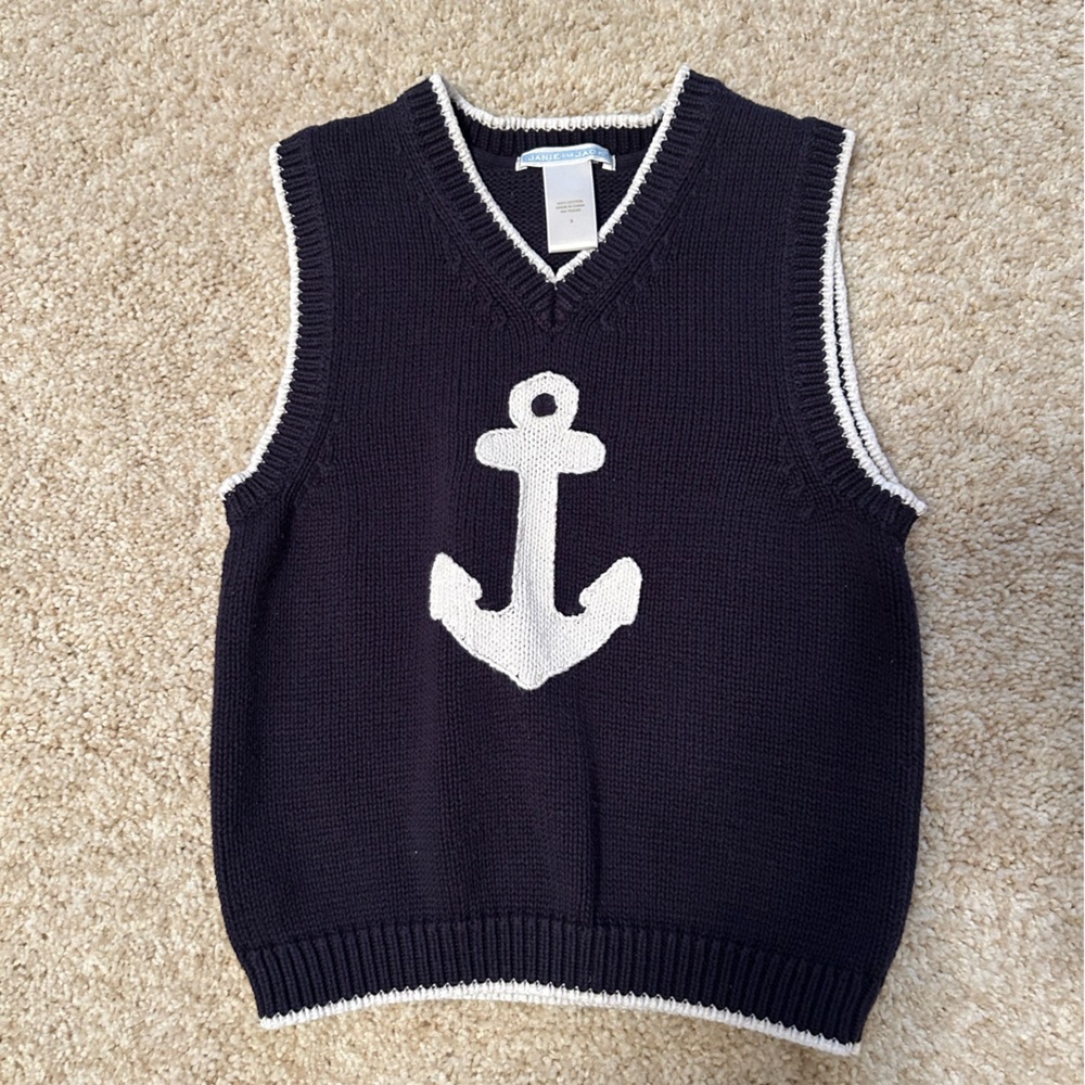 Janie and Jack Dark Blue Knit Vest with White Trim